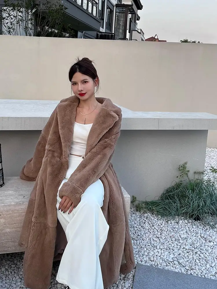 Winter Long Real Rabbit Fur Coat Luxury Elegant Stylish Thick Warm Fluffy Hairy Soft Women Overcoat Sashes