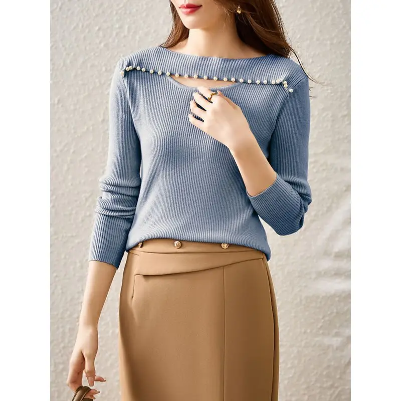 Autumn Winter Fashion Round Neck Long Sleeve Pullovers Women\'s Clothing Solid Color Hollow Out Knitting Korean Bottoming Shirt