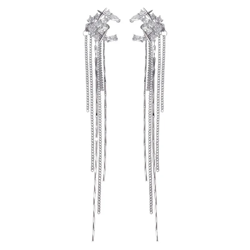 الكورية الأزياء حجر الراين نجمة القمر شرابة الأقراط الطويلة أزياء أنيقة الزركون قرط كبس دون ثقب الأذن عارضة المجوهرات هدية #6