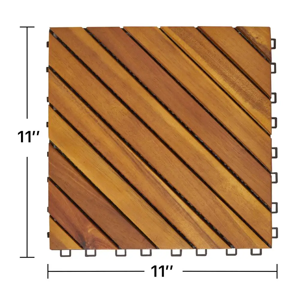 Set of 10 Acacia Interlocking Deck Tiles - 12-Diagonal Slat Design - Perfect for Outdoor Spaces