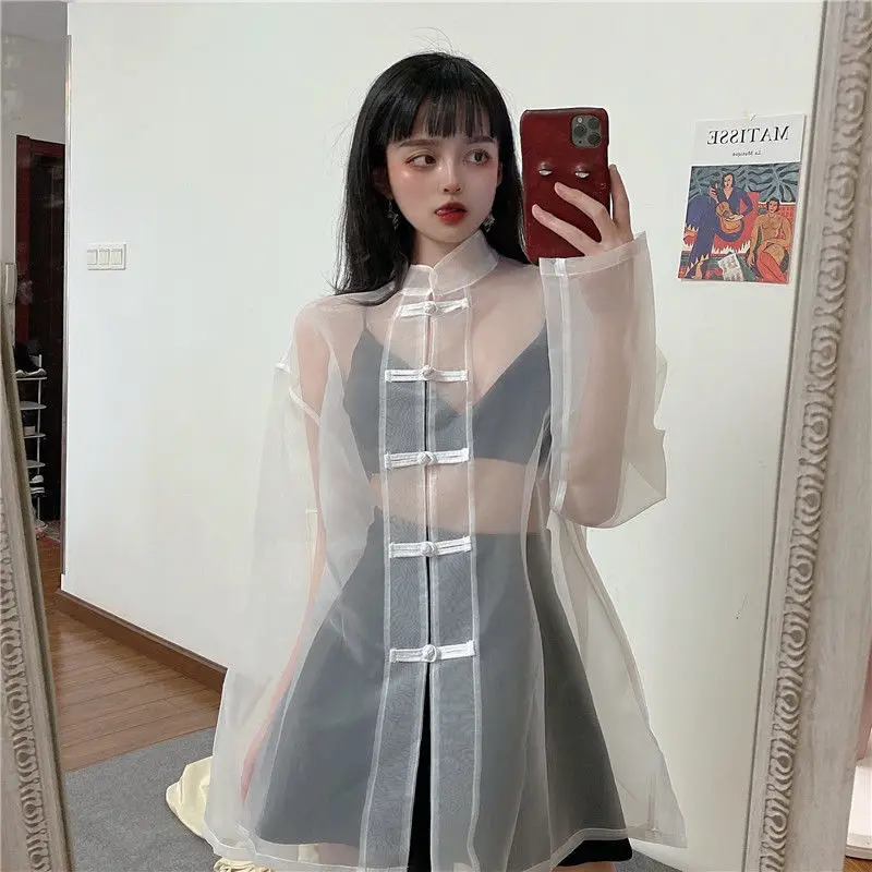 QWEEK Transparent Blouse Women Korean Fashion White Oversized Shirt Mesh Tops Long Sleeve Chic Beautiful Sexy Summer 2023 Female