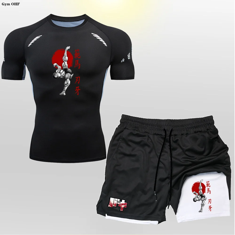 Heißes verkaufendes Sommer-T-Shirt + doppellagige Shorts für Herren-Freizeit-Fitness-Jogging-Sportbekleidung, atmungsaktives Kurzarm-Set