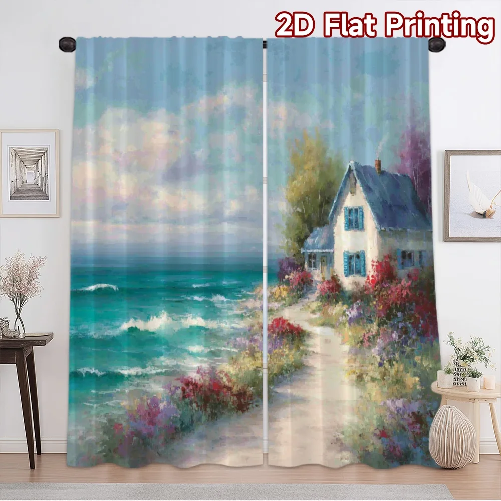 2D flat printing 2pcs Curtain Curtain Coastal Cottage with Garden Digital Printed Polyester Drapes Family Party Decoration for