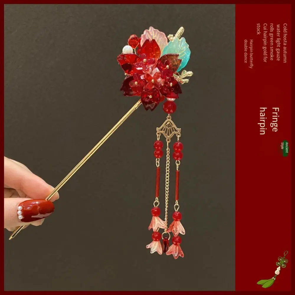 Vintage Pendant Hair Stick Ancient Style Red Flower Hanfu Hairpin Hair Sticks for Buns Cheongsam Hanfu Chinese Headwear Women