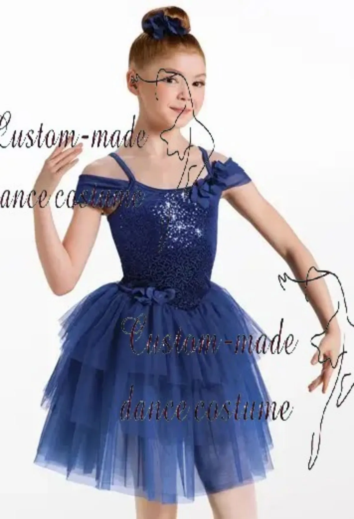 

Girls' Navy Blue Off-the-Shoulder Ballet Dance Costume, Lace Bodice with Rhinestones and Tiered Tulle Tutu Skirt, Custom-Made wi