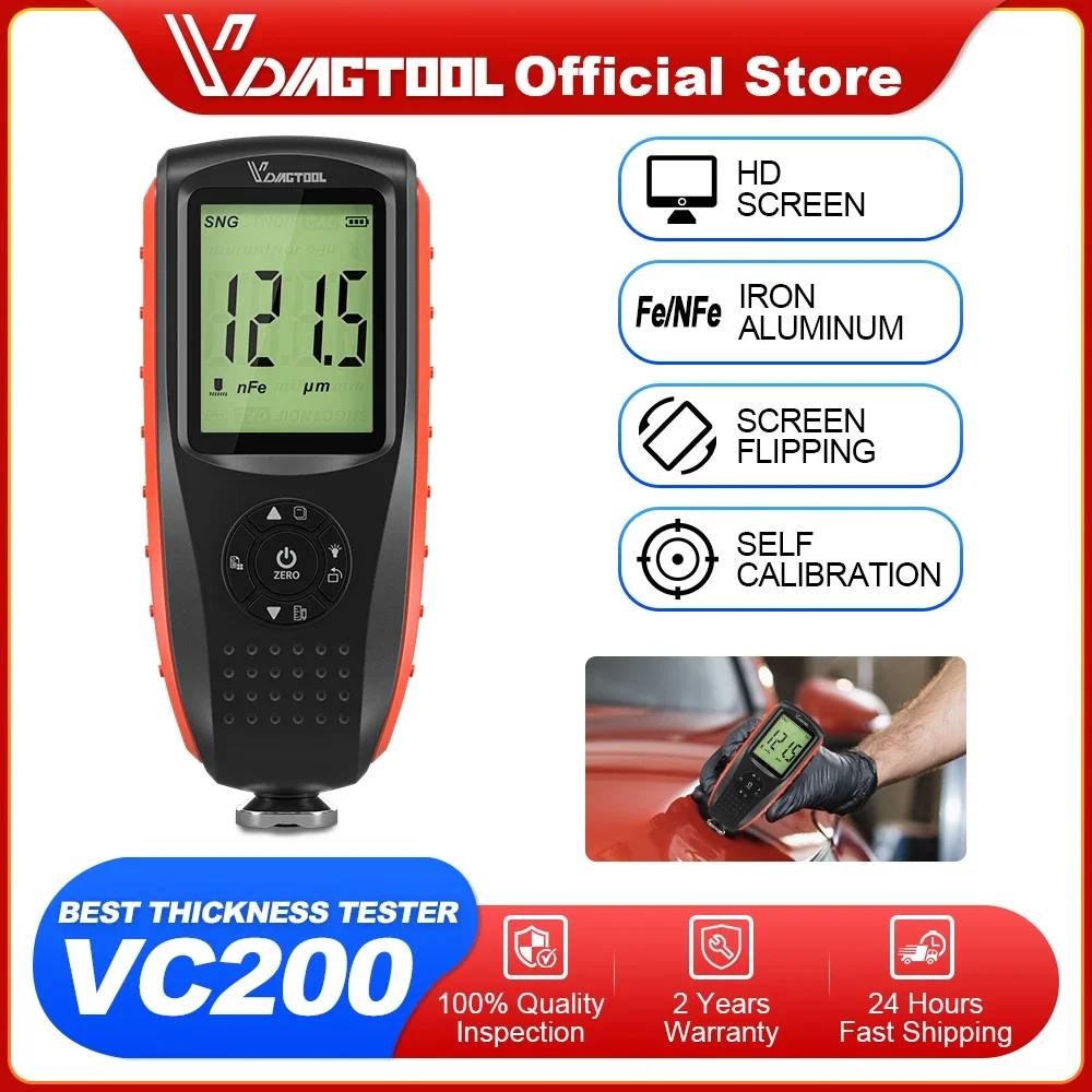 VDIAGTOOL VC200 Car Paint Thickness Tester FE/NFE Coating Thickness Gauge LCD Backlight Paint Tester Self-Calibration USB Charge