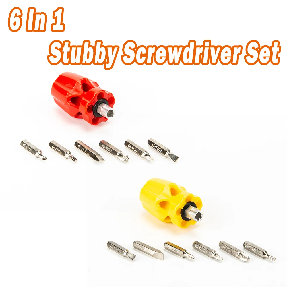 1pcs 6 In 1 Stubby Screwdriver Set Aluminum Short Screw Drivers Tight Access Flat & Practical Red/Yellow Tool Accessories