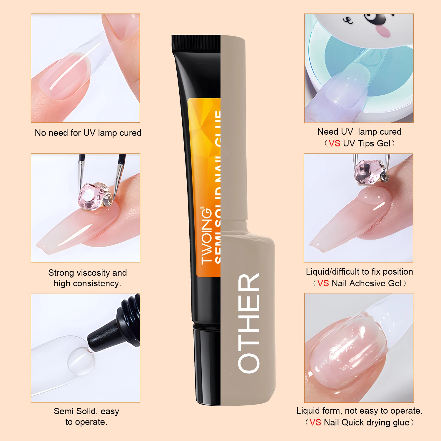 Quick-Dry Nail Glue，Semi solid Super Strong Adhesive For Press-On Nails&Rhinestones Long-Lasting，Fake Nail, No need UV Cured