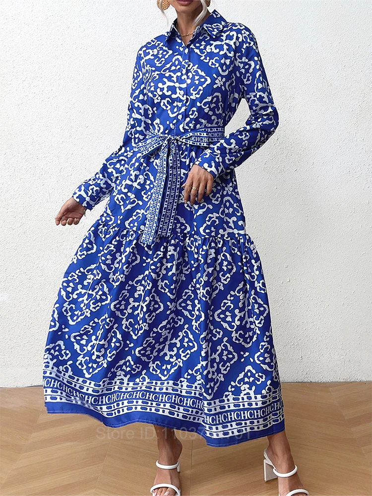 Autumn Fashion Letters Print Blue Vintage Maxi Dress Women Long Sleeve Turn Down Collar Belt Lace Up A Line Party Robe Vestidos