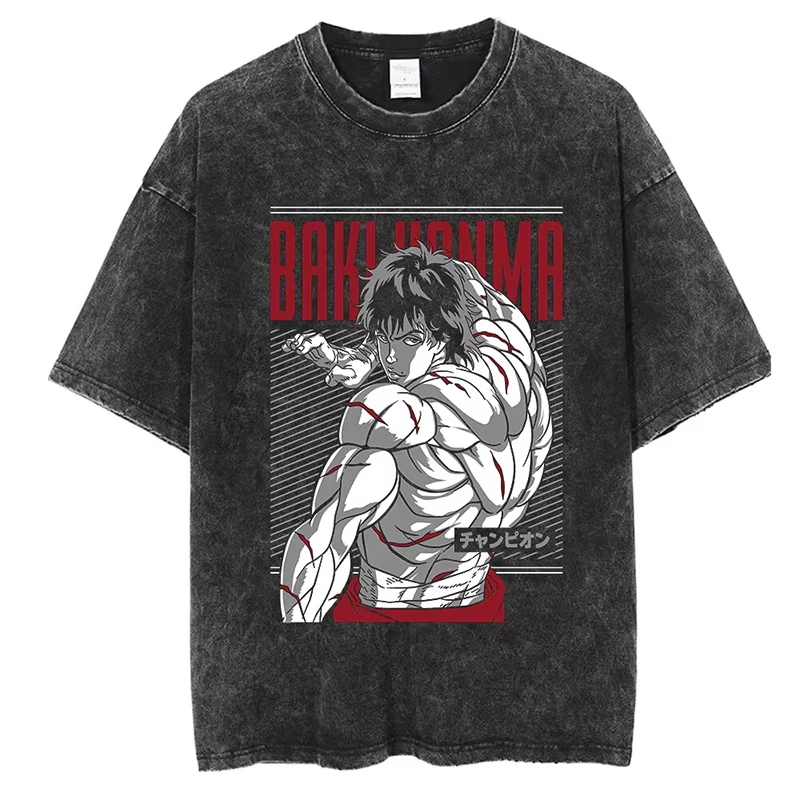 Baki Print Vintage Baumwoll-T-Shirt für Herren und Damen, Sommer, lässig, übergroß, Streetwear, Fitness, Training, Kurzarm, Grafik-T-Shirt