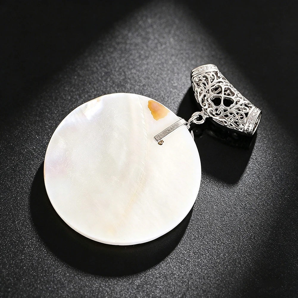Natural Mother of Pearl Carved Round Shell Pendant Metal Hollow Filigree Setting Bohemian Necklace