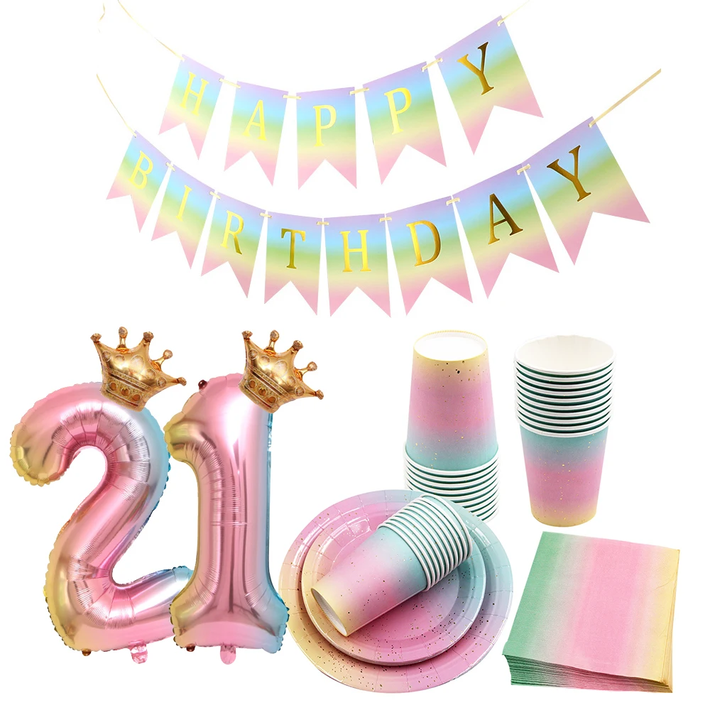 

1Set Gradient Rainbow Disposable Tableware Paper Banners With Crown Gradient Balloons For Birthday Party Decorations Supplies