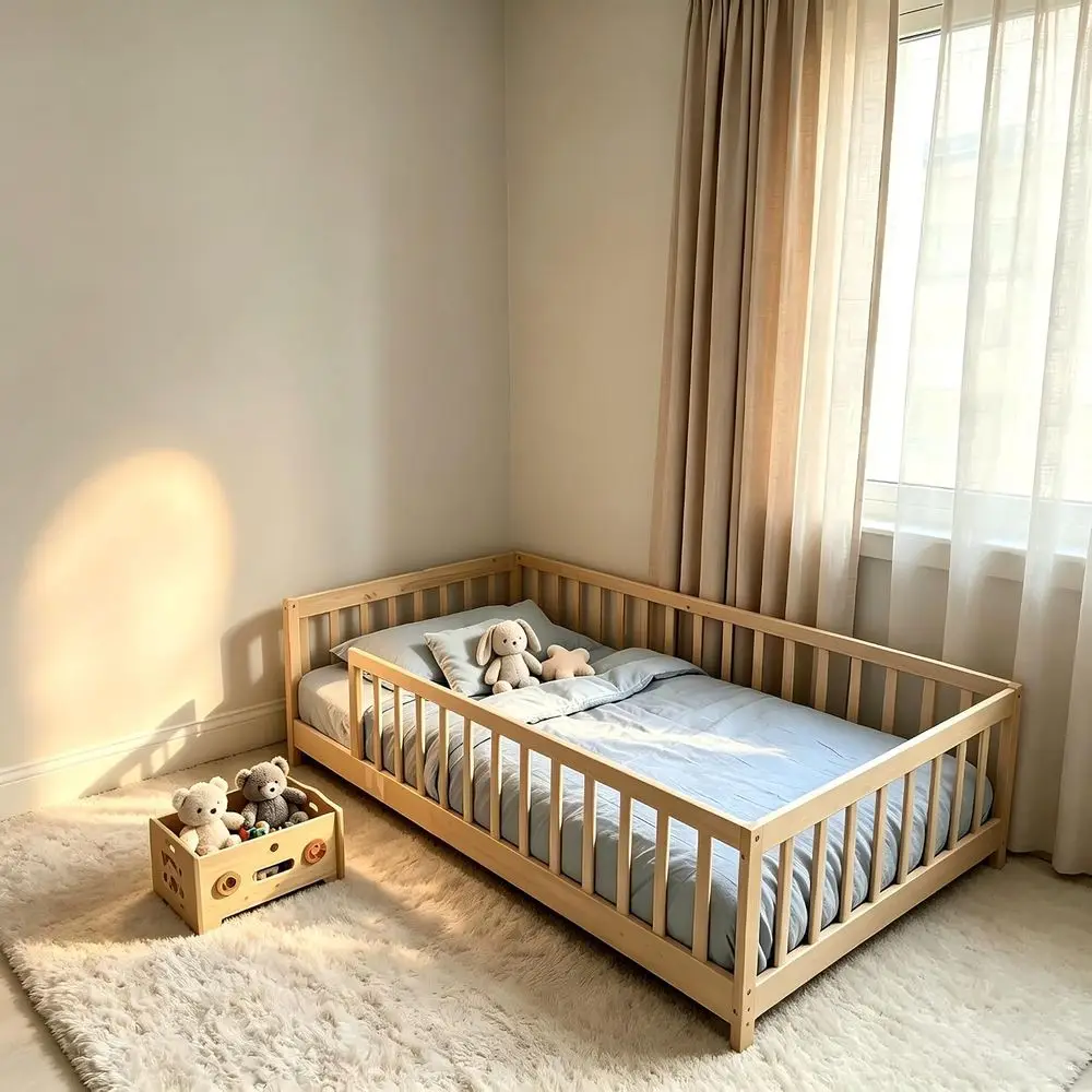PVWIIK Twin Size Montori Toddler loor ed with Wood Slats or Girls and oys, Wood Montori ed e with Saety Guardrails, No ox Spring