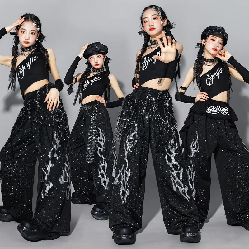 

Hip Hop Girls One-shoulder Crop Vest Diamond Cargo Pants Children Streetwear Girl Group Costumes Kids K-pop Clothes Sets