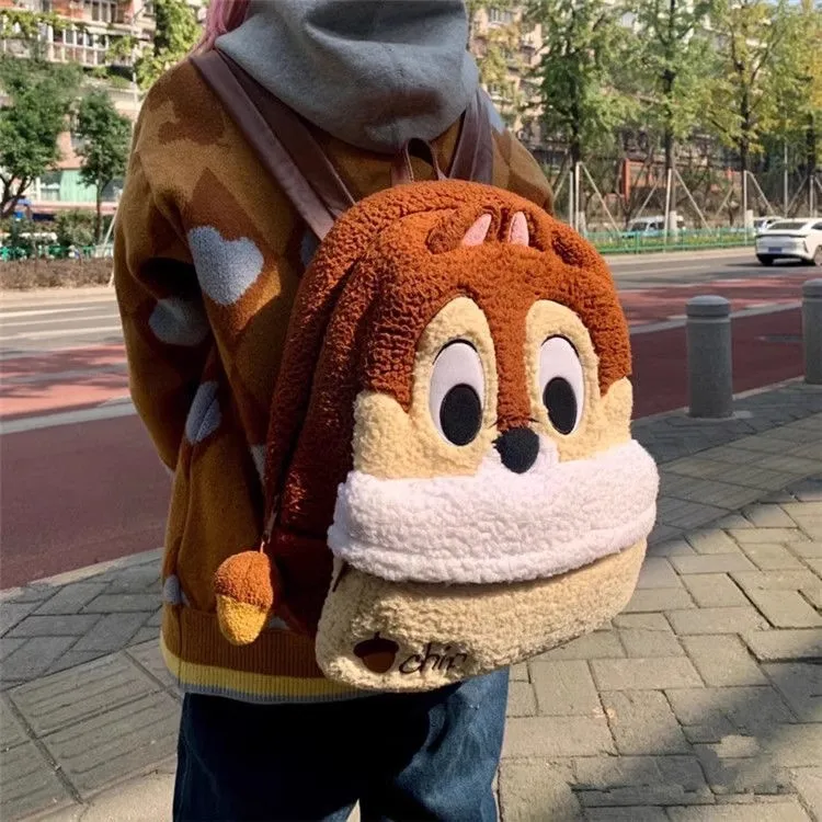 Disney Chip \'n\' Dale Plush Backpack Anime Cartoon Large Capacity Zipper Student Girl Travel Bag Fashion Cute Chipmunk Chippy Bag