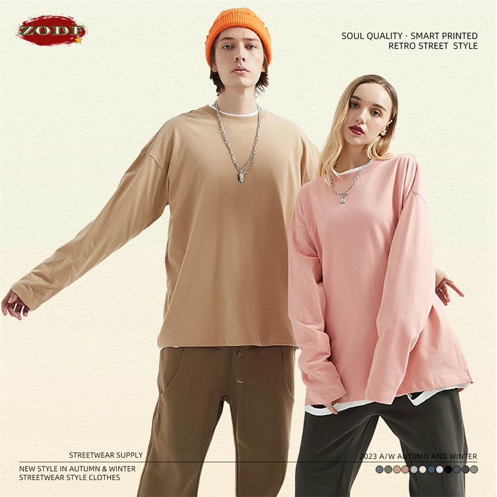 ZODF New Men 230gsm Solid Cotton T-Shirt Unisex Couple Loose O-Neck Long Sleeve Casual T Shirts For Spring Autumn HY0365