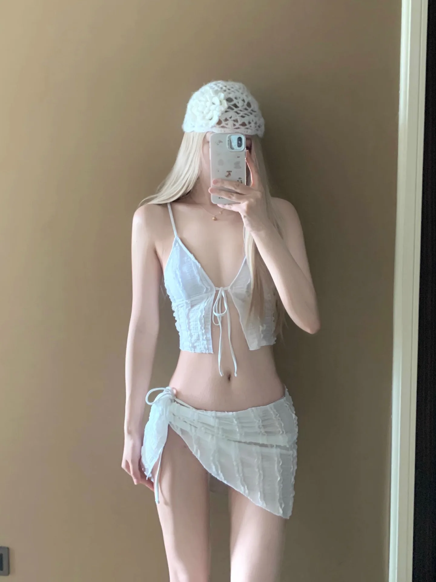 sexy plain ribbed bikinis sets 3pcs swimsuits front tie deep v-neck vest with cover skirt swimwear beach outfits sweet biquini