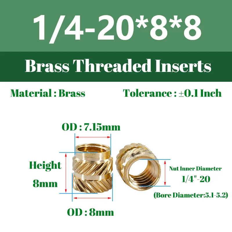 

80 шт. термовплавляемых резьбовых вставок 1/4"-20 (1/4"-20x6/8x8) для 3D-печати, пластиковых деталей, латунных накатных гаек