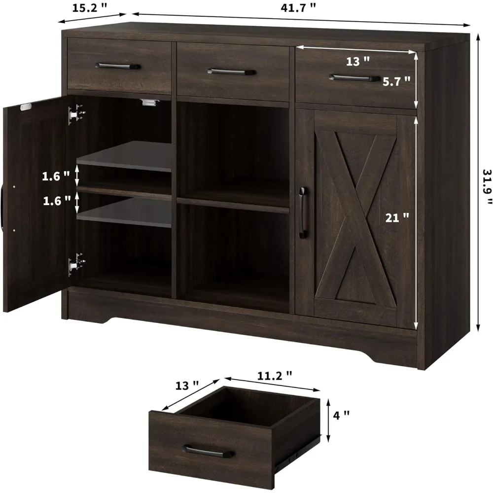 Armadio a Buffet con ante da fienile credenza con cassetti e ripiani, struttura stabile, facile montaggio, armadio Versatile