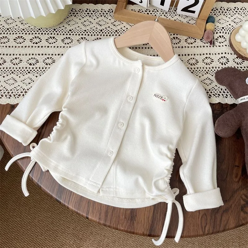 Baby Girl Spring and Autumn Drawstring Casual Long Sleeved T-shirt, Children's Stylish Versatile Cardigan Top Sweet Base Shirt