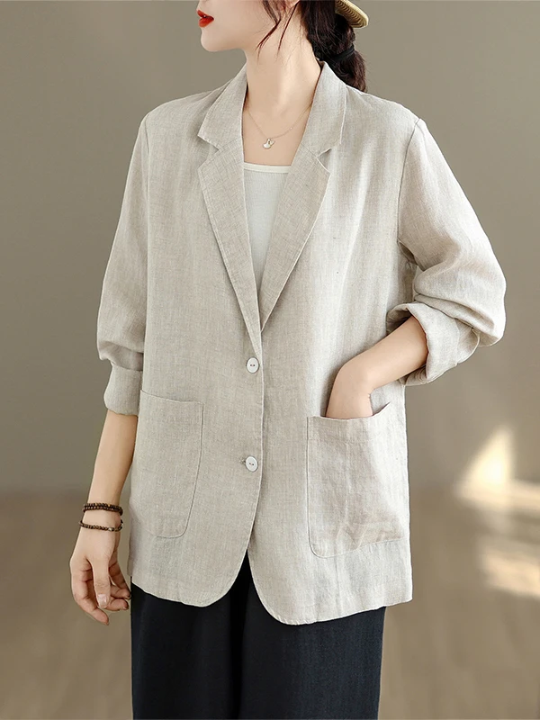 

Cotton Linen Suit Jaet Women Spring Autumn Loose Retro Art Slimming Simple Casual Versatile Top Buttoned Long Sve Pure C...