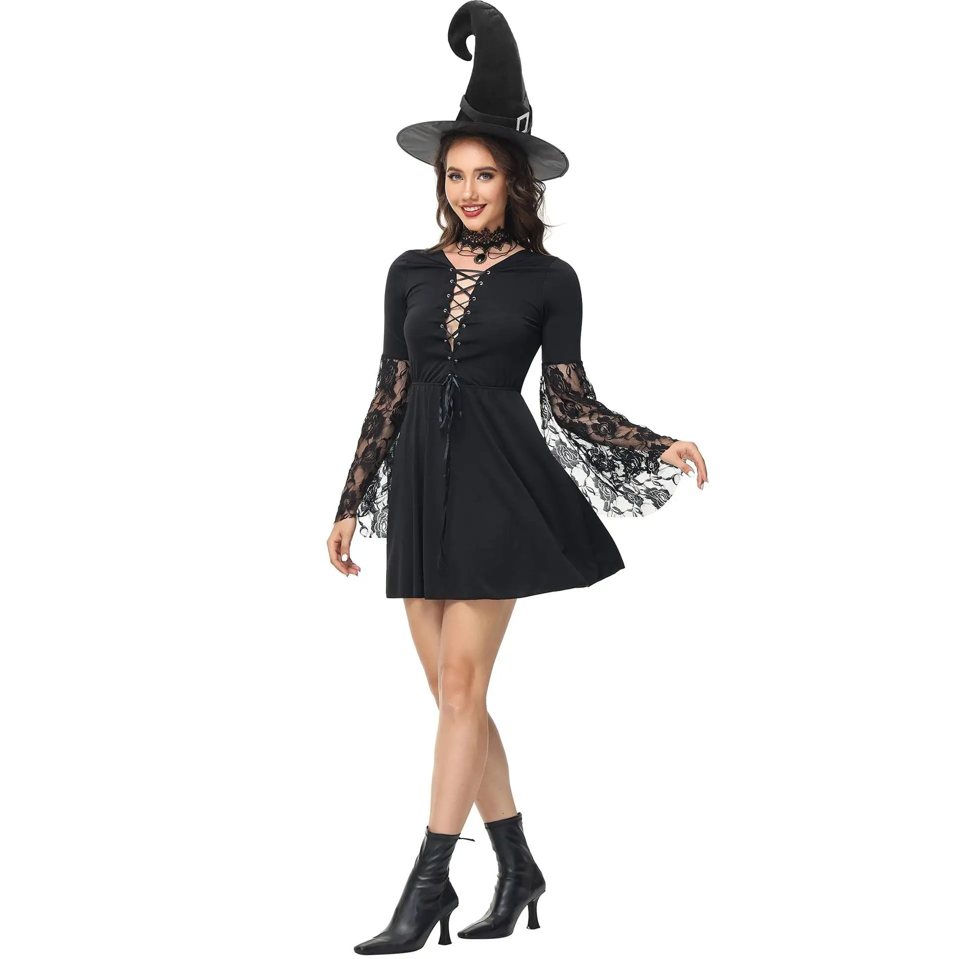 Kostium Gotyckiej Wiedźmy z Koronką, Odkryte Plecy, Cosplay, Damski Strój na Halloween, Modny Strój Sceniczny, Tradycyjny Chiński Styl...