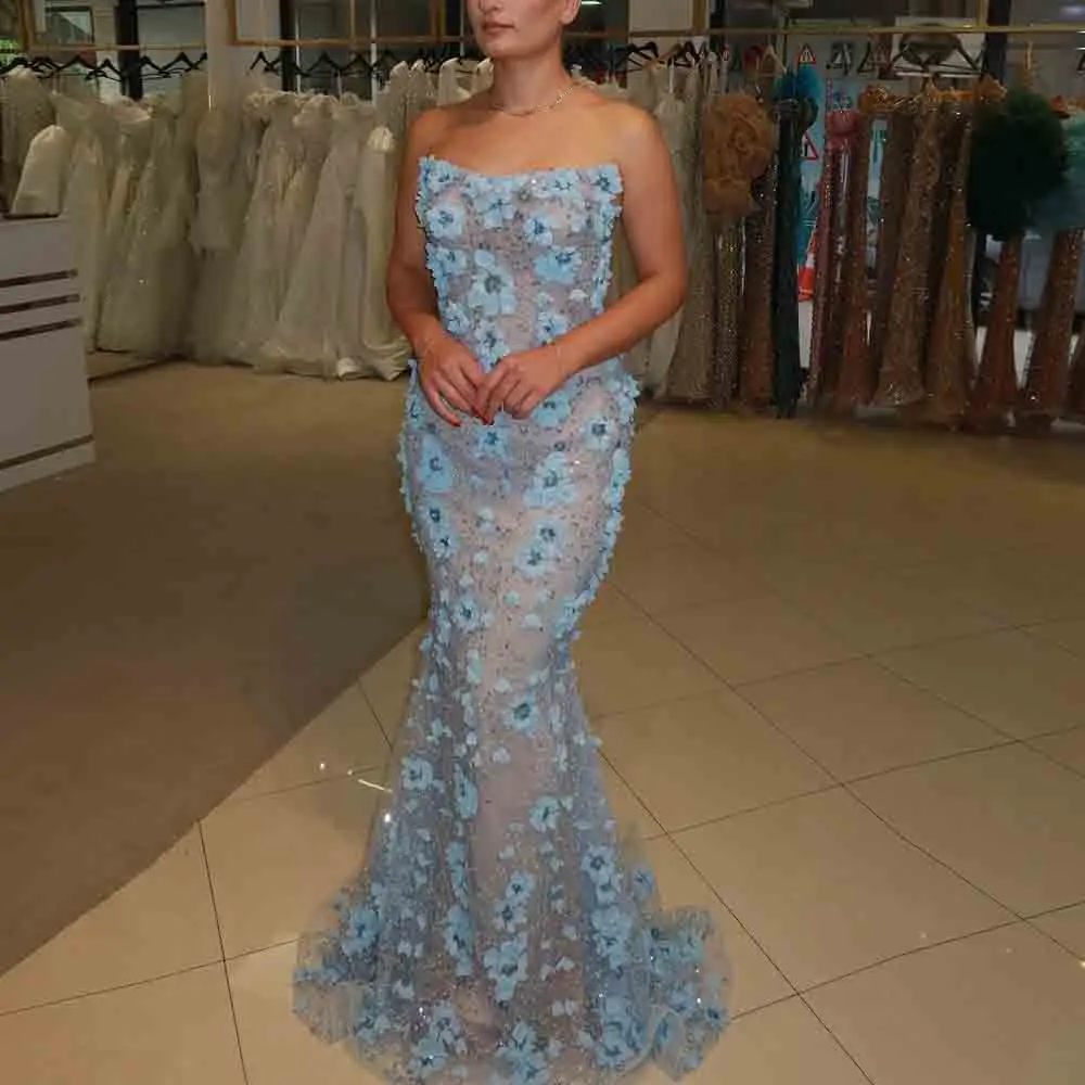 

Customized Light Blue Strapless 3D Floral Beaded Mermaid Evening Dress Tulle Formal Party Gown for Women Guest
