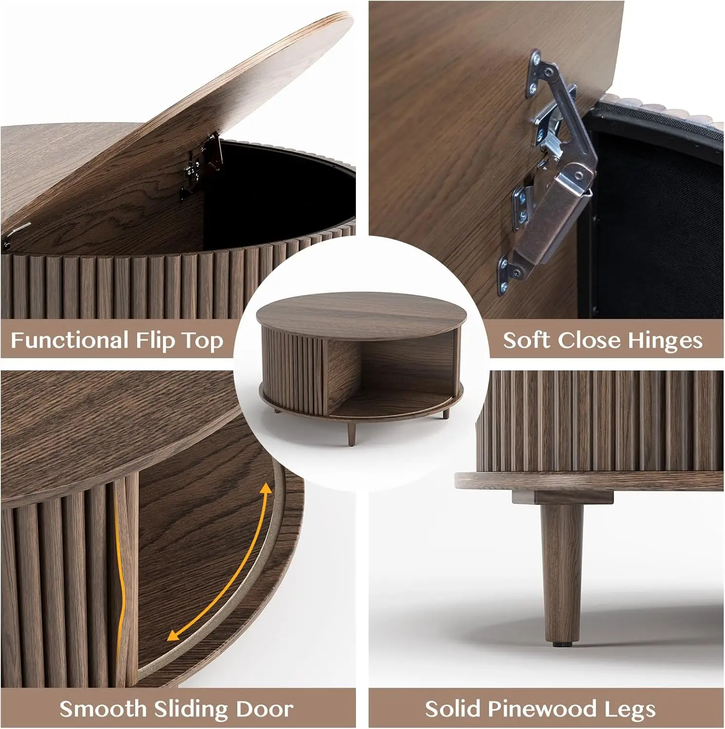 โต๊ะกาแฟทรงกลมพร้อมที่เก็บของ, โต๊ะกลางแบบมีร่องพร้อมประตูตู้เลื่อนสำหรับห้องนั่งเล่น, พื้นที่ขนาดเล็กในบ้าน, โต๊ะกลางขนาดเล็ก 31.5 นิ้ว