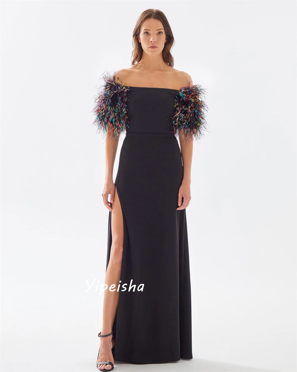 Customized Yipeisha Fashion Matching Off-the-shoulder A-line Feathers Floor length Skirts Charmeuse es