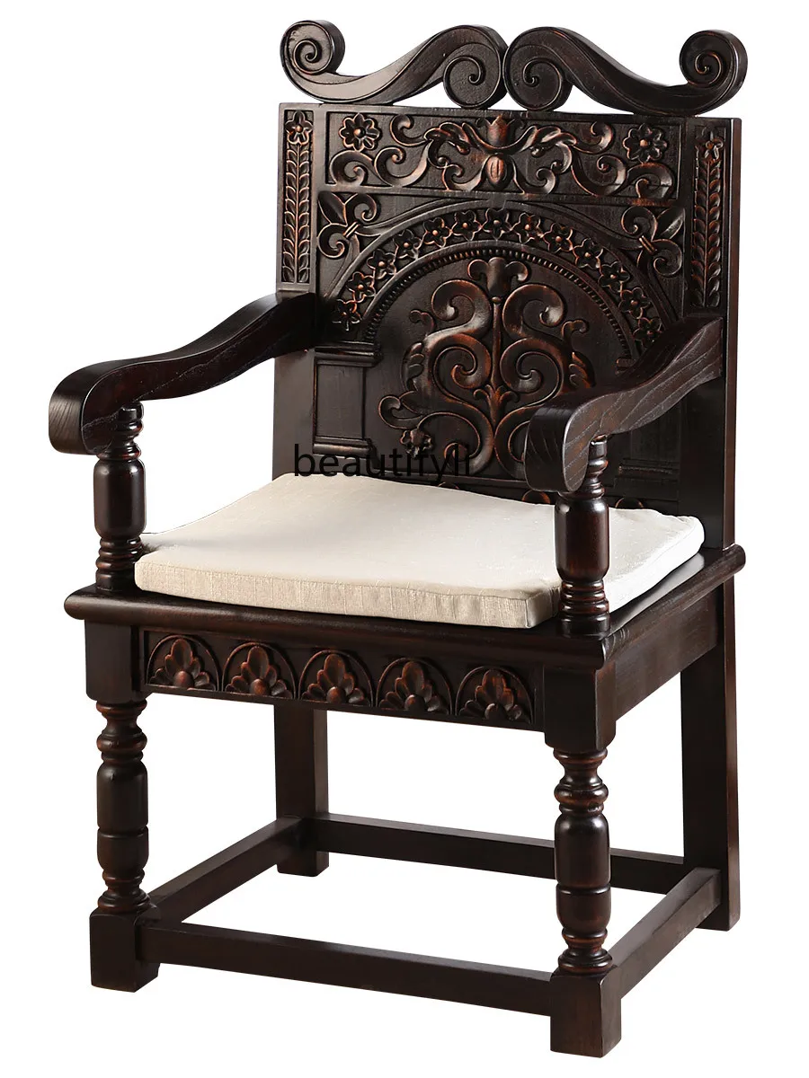 

Southeast Asian Solid Wood New Chinese Old Elm Dining Chair with Backrest Armrest Tea Chair Hand Carved Stool