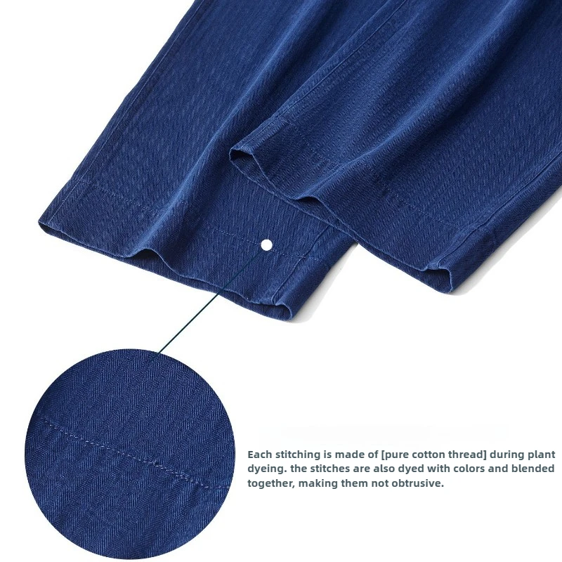 Indigo Blue Dyed Long Pants, Men's Loose Trousers, Retro Straight Leg Casual Trousers, Herringbone Patterned Work Pants