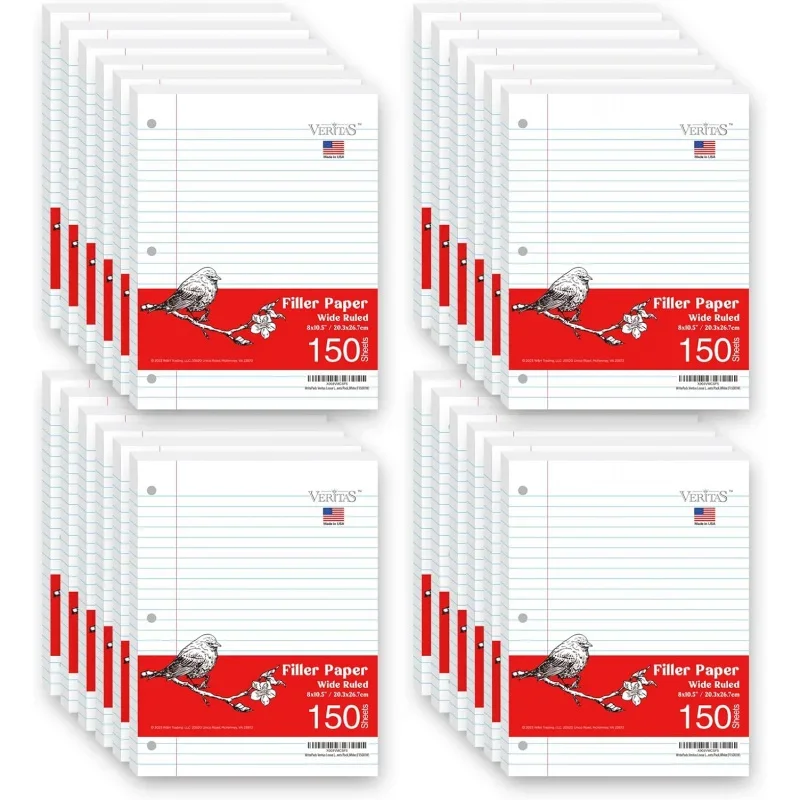 Notebook Bulk Loose Leaf Paper, 8x10-1/2 Wide Ruled Filler Paper,3 Hole Punched Paper 3 Ring Binder,150