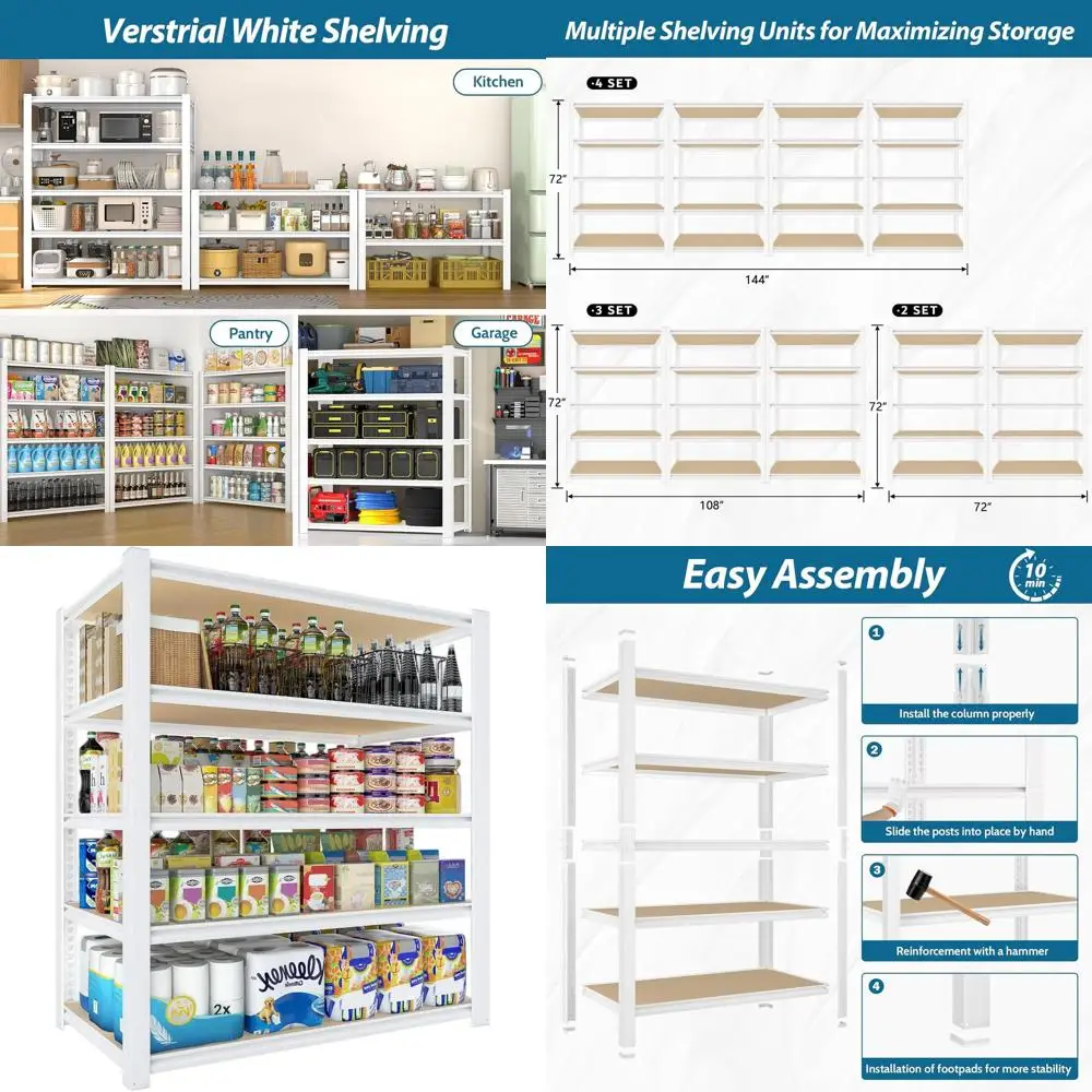 

5-уровневые регулируемые металлические полки для шкафа, 36x16x72 дюйма, белые, усиленные, для гаража, кухни или кладовой