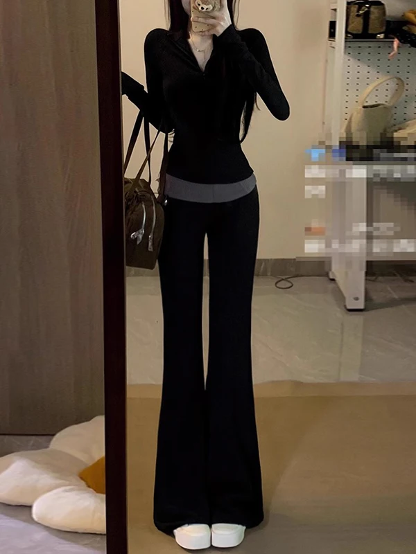 

Спортивный костюм Slim Fit для женщин: повседневный комплект из футболки с длинным рукавом и V-образным вырезом и расклешенных брюк, черный цвет, осенний стиль