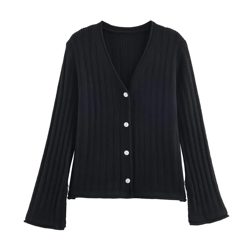 Cappotto da donna Nuovo stile per l'autunno 2025 Giacca cardigan in maglia semplice con maniche svasate tinta unita Moda casual