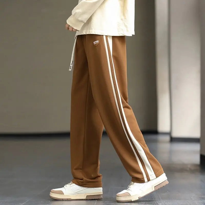 Spring Autumn Elastic Waist Fashion Straight Pants Man High Street Contrast Color Casual Pockets Drawstring All-match Trousers