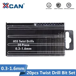XCAN 20pcs 0.3mm-1.6mm Twist Drill Bit Set Mini High Speed Steel HSS Drill Bit for Wood Metal Drilling Tool