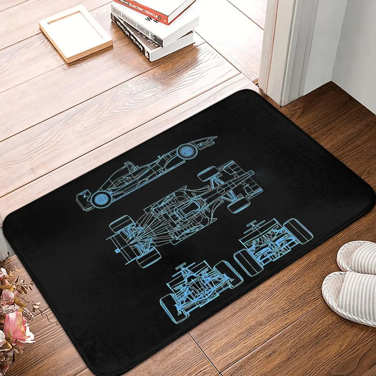 Racing Car Blueprint Project Light Blue Non-Slip Carpet Doormat Living Room Kitchen Mat Entrance Door Decoration Rug