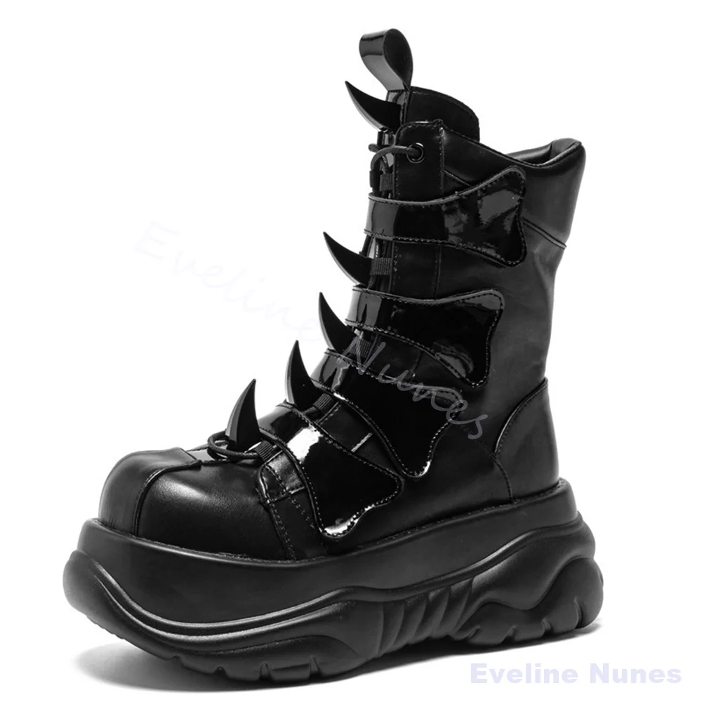 Women Black Platform Ankle Boots 3D Devil Horn Decor Glossy Strap Gothic Punk Boots Y2K Thick Sole Fashion Cosplay Short Boots