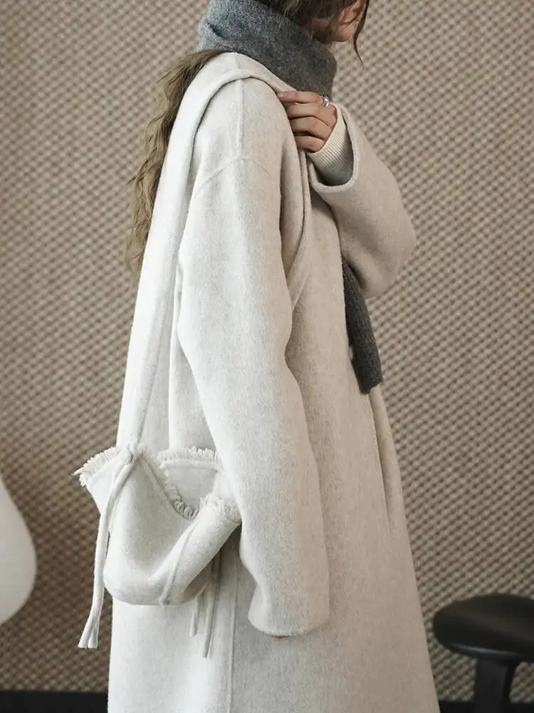 HUISONG الشوفان اللون 70% الصوف حجم كبير معطف الصوف الدافئ جديد س الرقبة طويلة الأكمام المرأة سترة موضة المد الخريف الشتاء 2025 ycescj