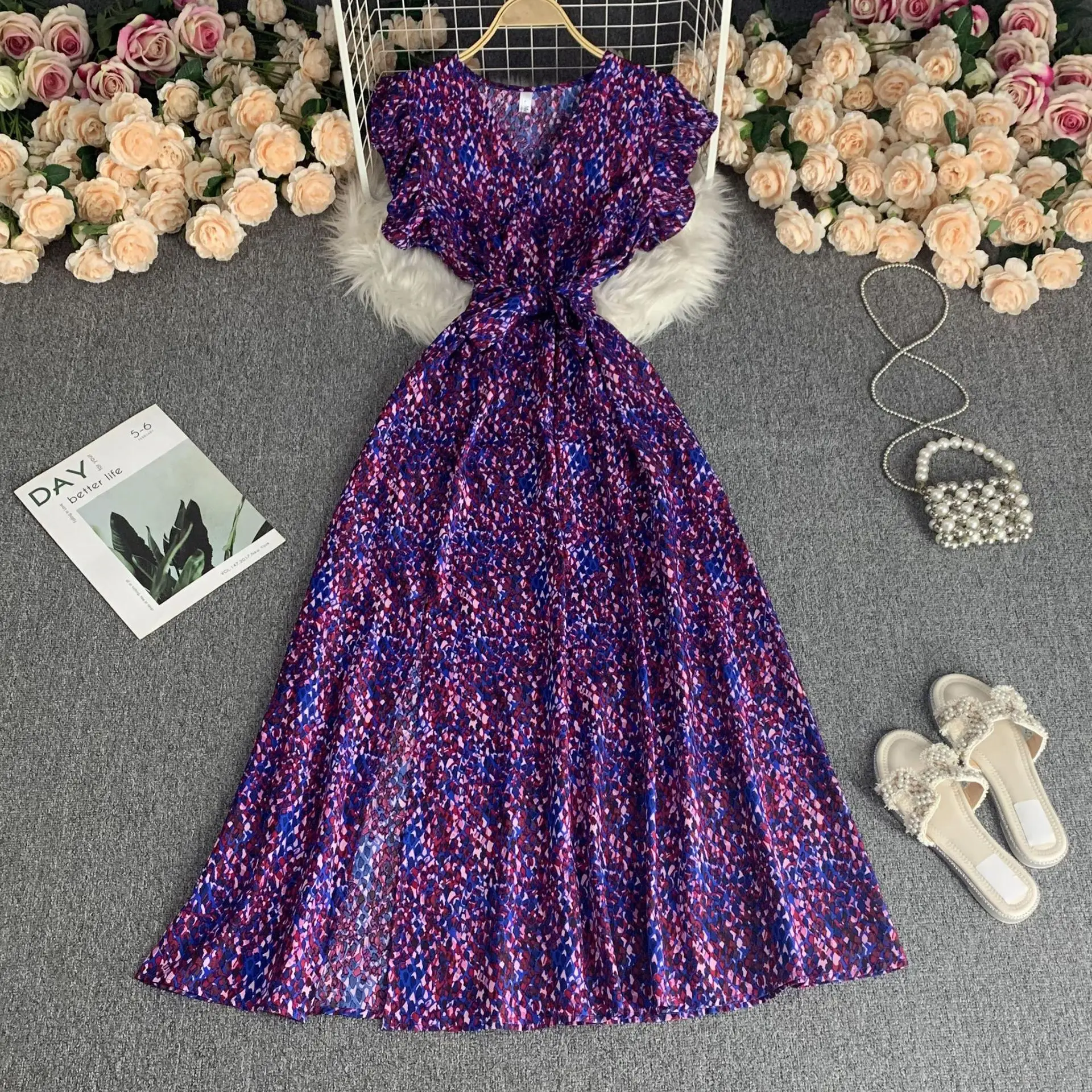 Vestido francés con cuello en V, novedad de verano, cintura plisada, adelgazante, Retro, alto temperamento, vestidos grandes con vuelo