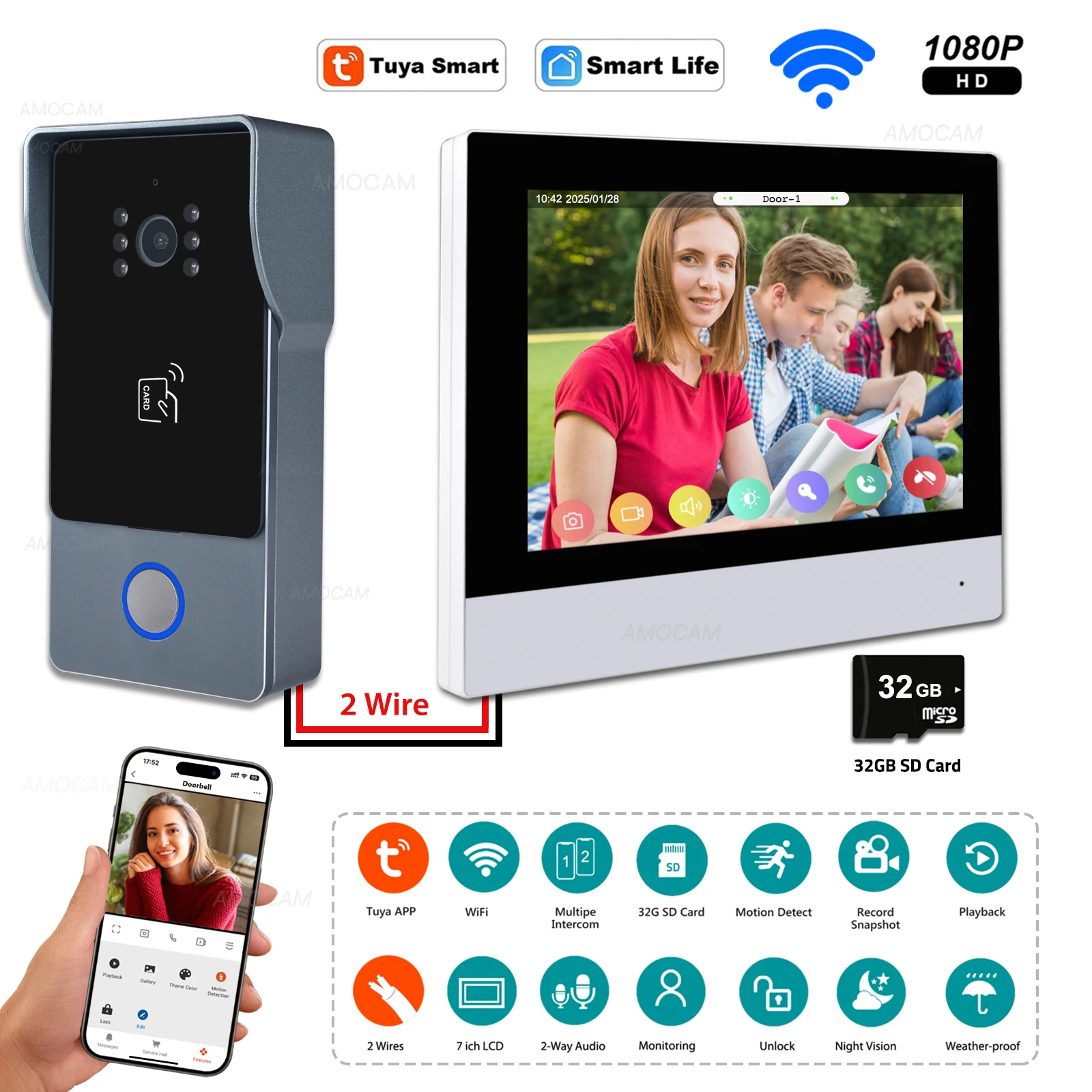Système d'interphone vidéo à 2 fils, moniteur WIFI sans fil 7 pouces, caméra de porte 1080P, sonnett