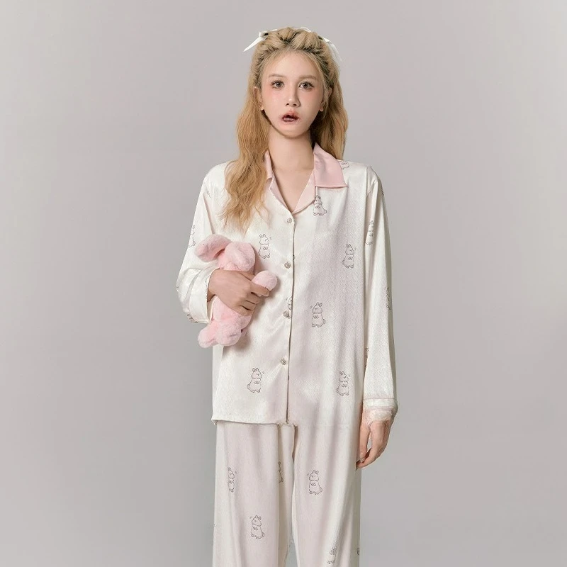 

French Elegant Cartoon Rabbit Print Women's Pyjamas Trend Kawaii Fashion Y2k Sleepwear Long Sleeve Pant Home Set ice silk