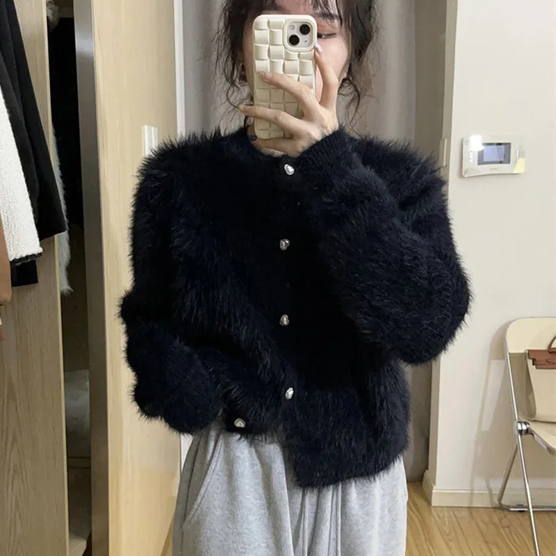 Rimocy Fluffy Mohair Cardigan for Women Korean Style Round Neck Fuzzy Sweater Woman Autumn Winter Button Up Warm Jersey Female