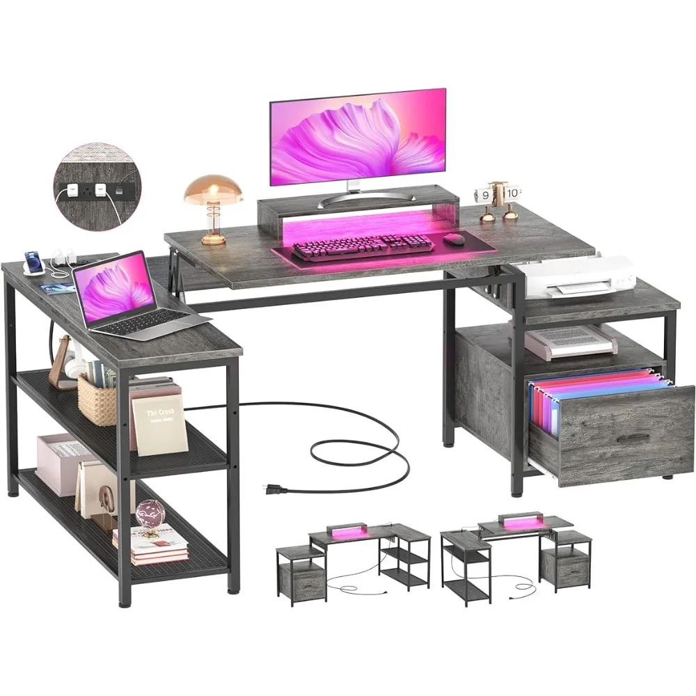 

Aheaplus L Shaped Desk with Power Outlet, Standing Lift Top and File Drawer, 63'' Corner Computer Monitor Stand&Printer Shelves