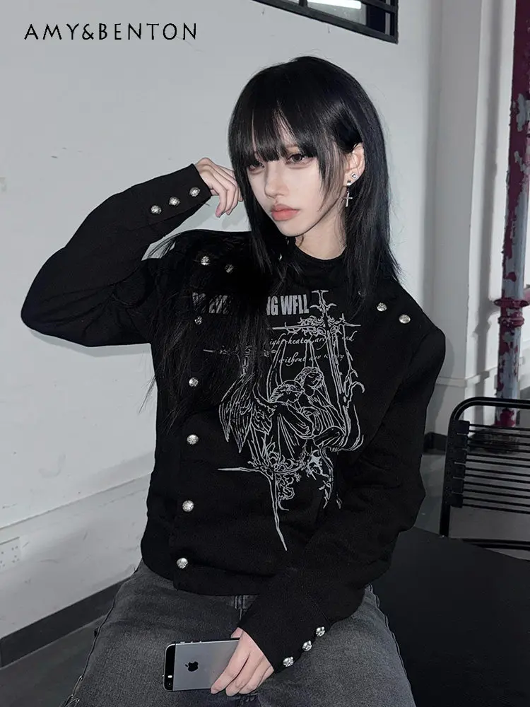 

Spring and Autumn New High Street Subculture Women's Character Print Loose Casual Black Stand Collar Short Jacket