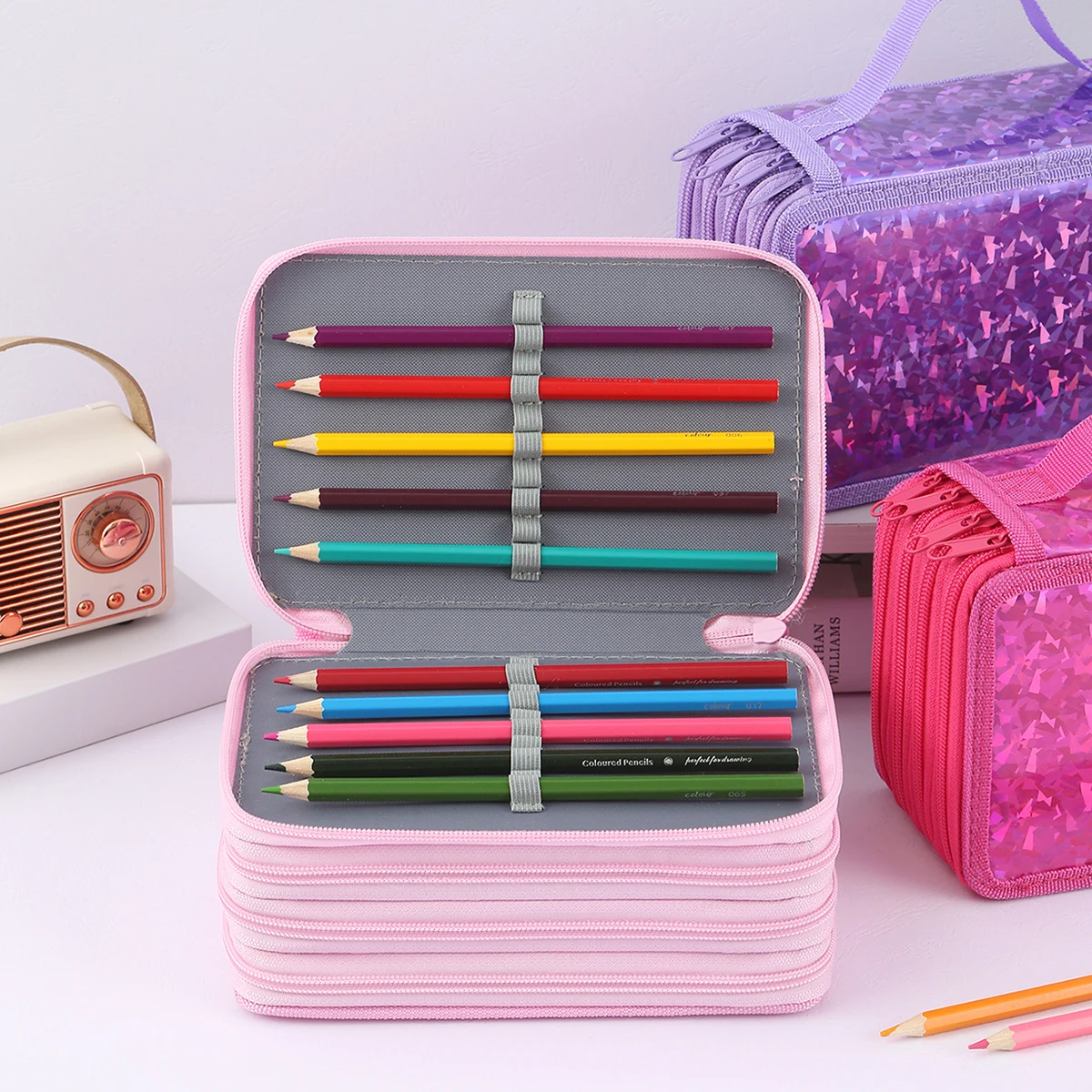 1 шт. блестящий четырехслойный пенал на молнии, портативная изысканная сумка для хранения канцелярских принадлежностей, незаменимый художественный пенал для школы