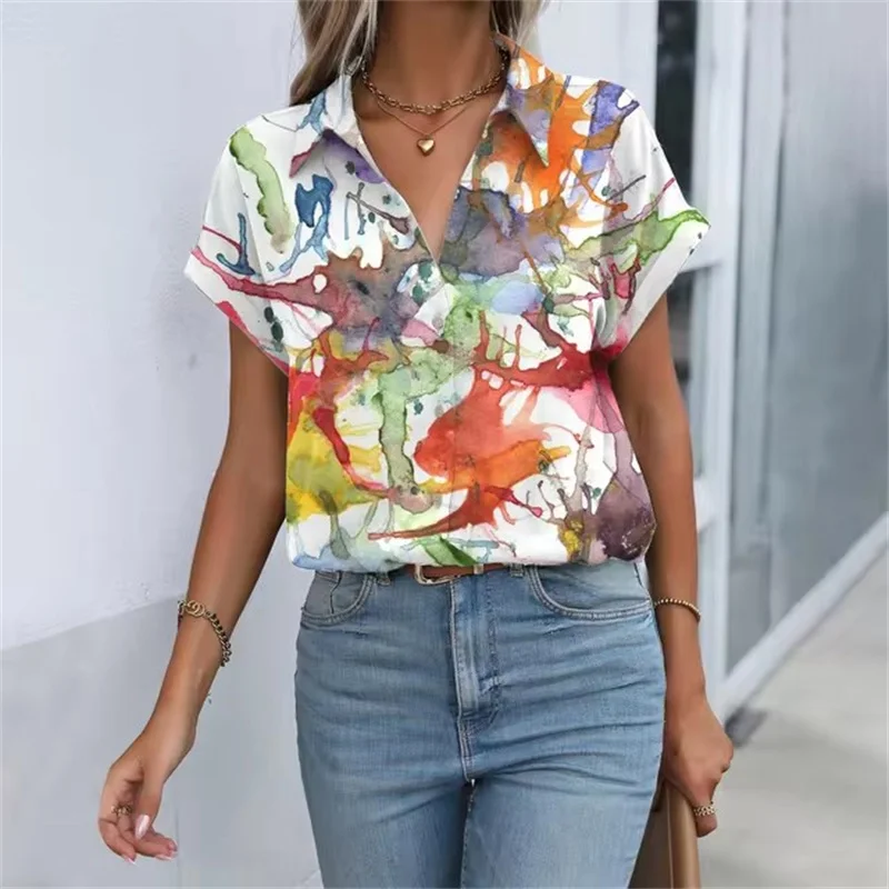 Artistic Women\'s Summer Clothes Blouse Tops Splashing Ink Pattern Print Womens Shirt Short Sleeve Button Shirts Blouses Top Lady