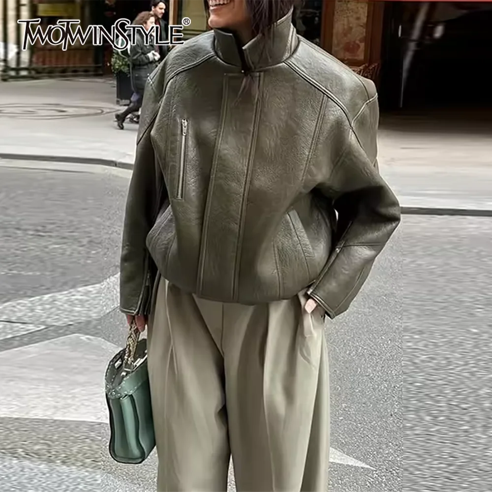 

TWOTWINSTYLE американская куртка в стиле ретро для женщин с лацканами и длинными рукавами на пуговицах из искусственной кожи, уличное стильное пальто, женское осеннее пальто