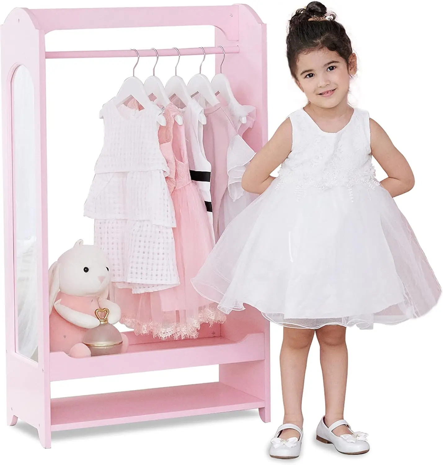Armário infantil com espelho e ganchos - Rack de armazenamento de madeira rosa para quarto de meninas
